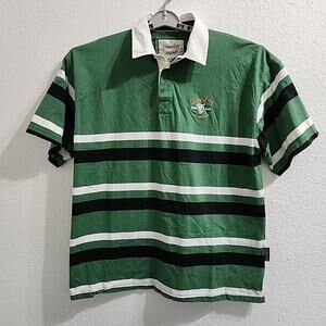 Guinness Mens XL Rugby Shirt Green Polo Embroidered Logo Official Striped Damage